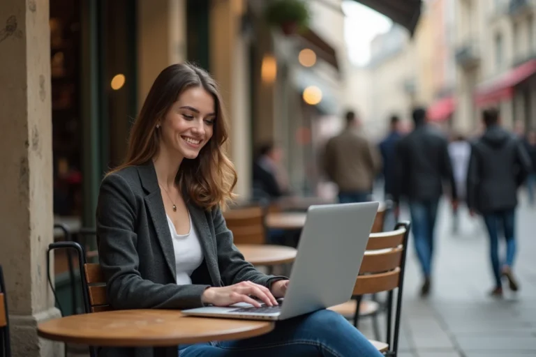 Jeune femme souriante au café à Angers en ville