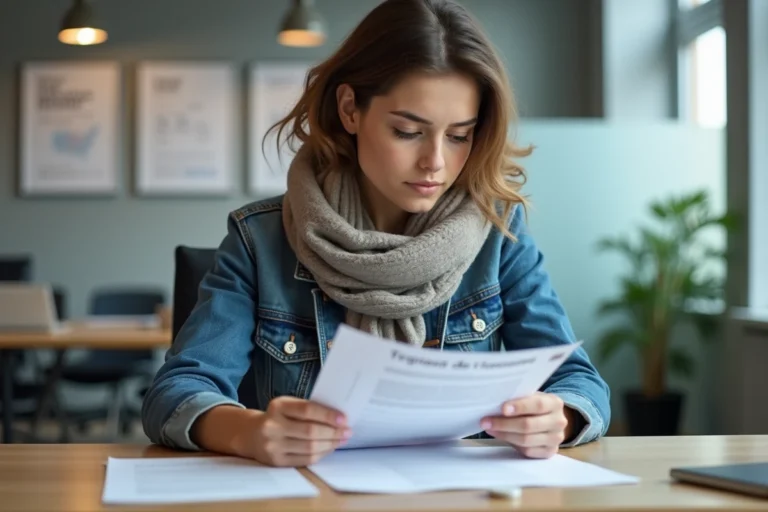 Jeune femme examine un document France Travail dans un bureau moderne