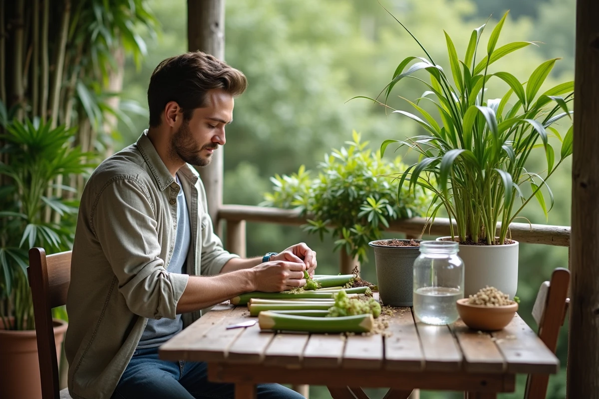 Jeune homme préparant des bambous pour planter sur un balcon