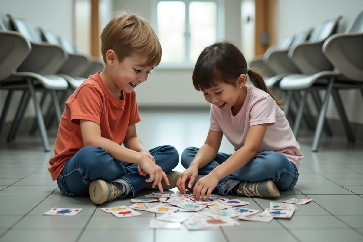 Deux enfants jouent ensemble à un jeu de cartes coopératif assis par terre dans une salle d'attente pour occuper un temps d'attente.