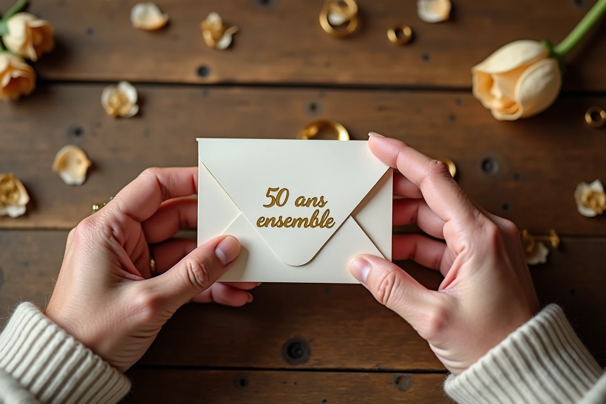 Mains de couple âgé tenant une enveloppe et une carte pour célébrer 50 ans de mariage