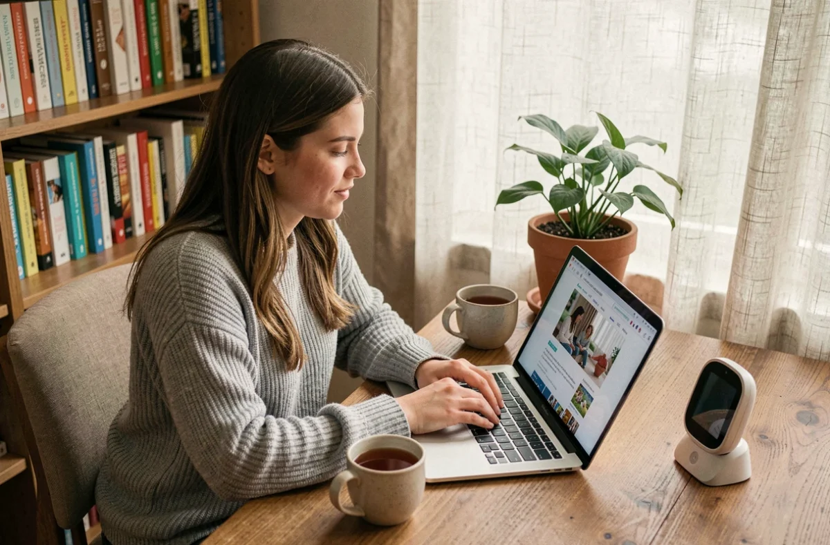 Jeune maman comparant des blogs de puériculture sur son ordinateur portable dans un bureau cosy à la maison