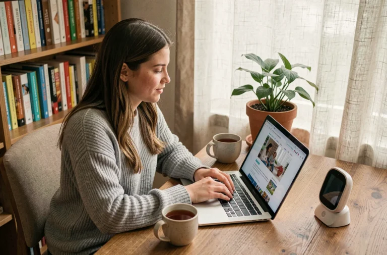 Jeune maman comparant des blogs de puériculture sur son ordinateur portable dans un bureau cosy à la maison