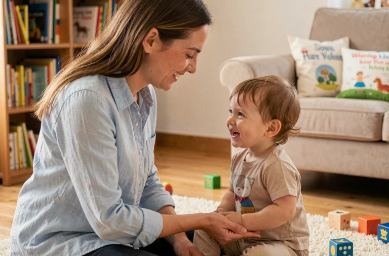 Nounou souriante en interaction bienveillante avec un jeune enfant dans un salon familial chaleureux