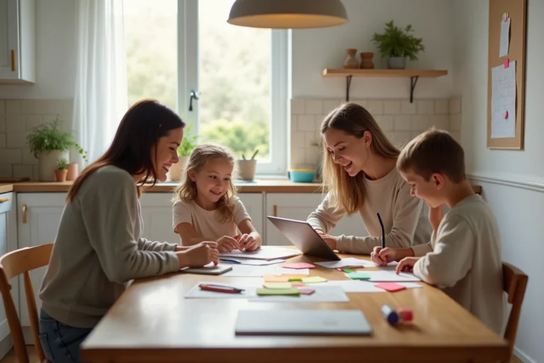 Une famille de quatre personnes réunie autour d'une table en bois avec des post-its colorés, une tablette et un planning papier, illustrant l'organisation du quotidien en famille.