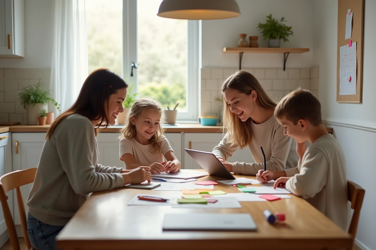 Une famille de quatre personnes réunie autour d'une table en bois avec des post-its colorés, une tablette et un planning papier, illustrant l'organisation du quotidien en famille.