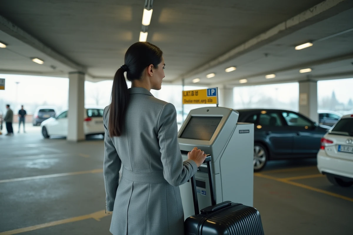 Femme payant son stationnement à un horodateur dans un parking couvert de l'aéroport Orly