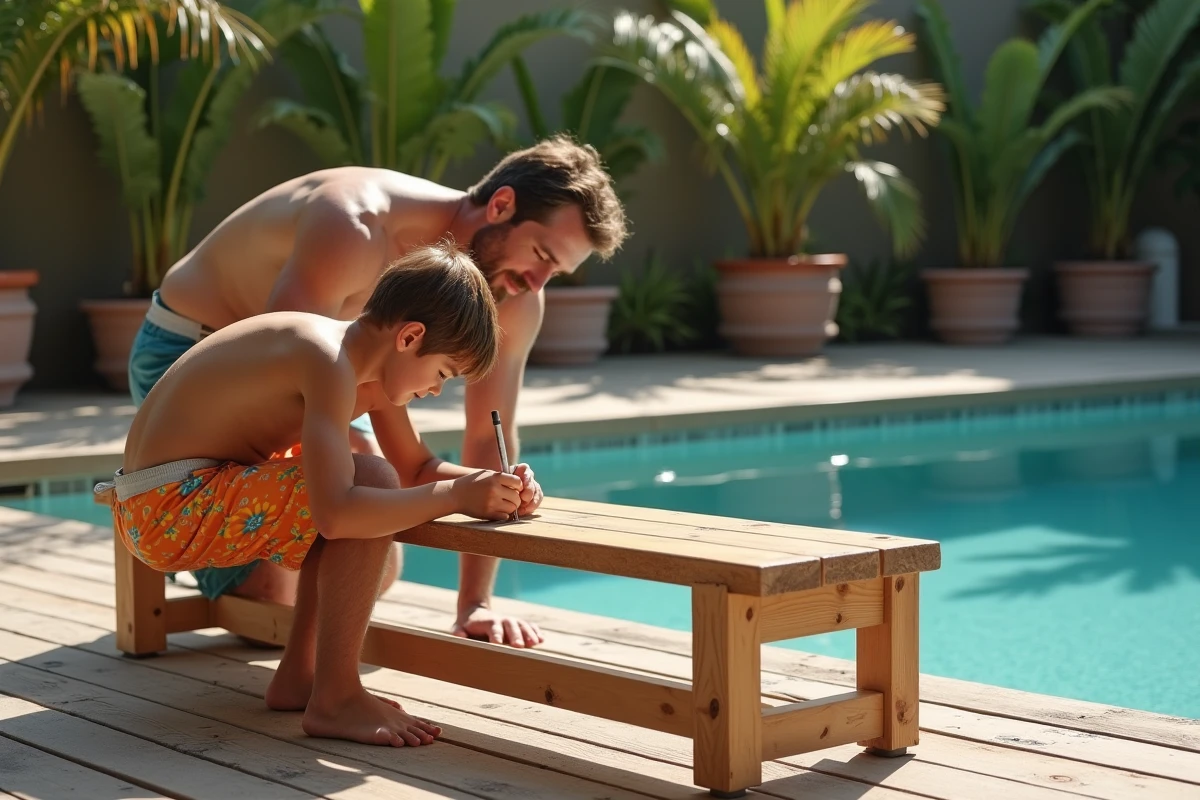Père et fils préparant la structure de la future piscine