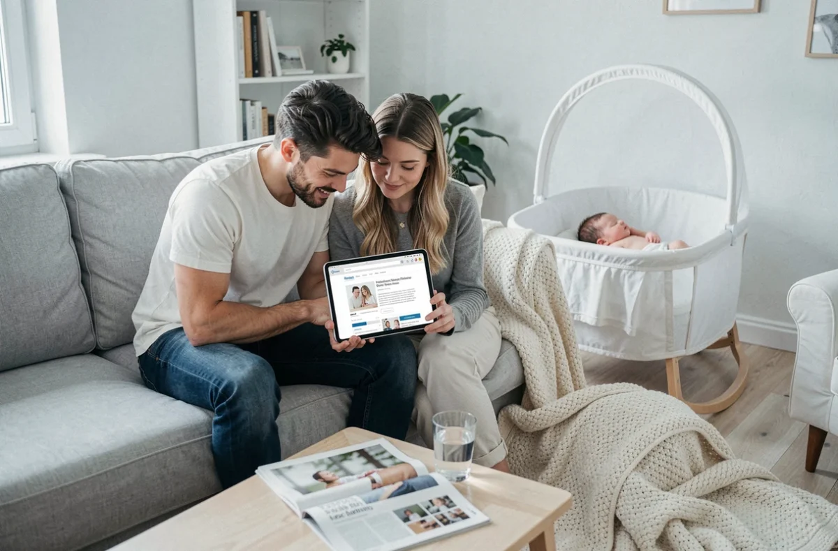 Couple de jeunes parents consultant un comparatif de blogs de puériculture sur une tablette dans leur salon