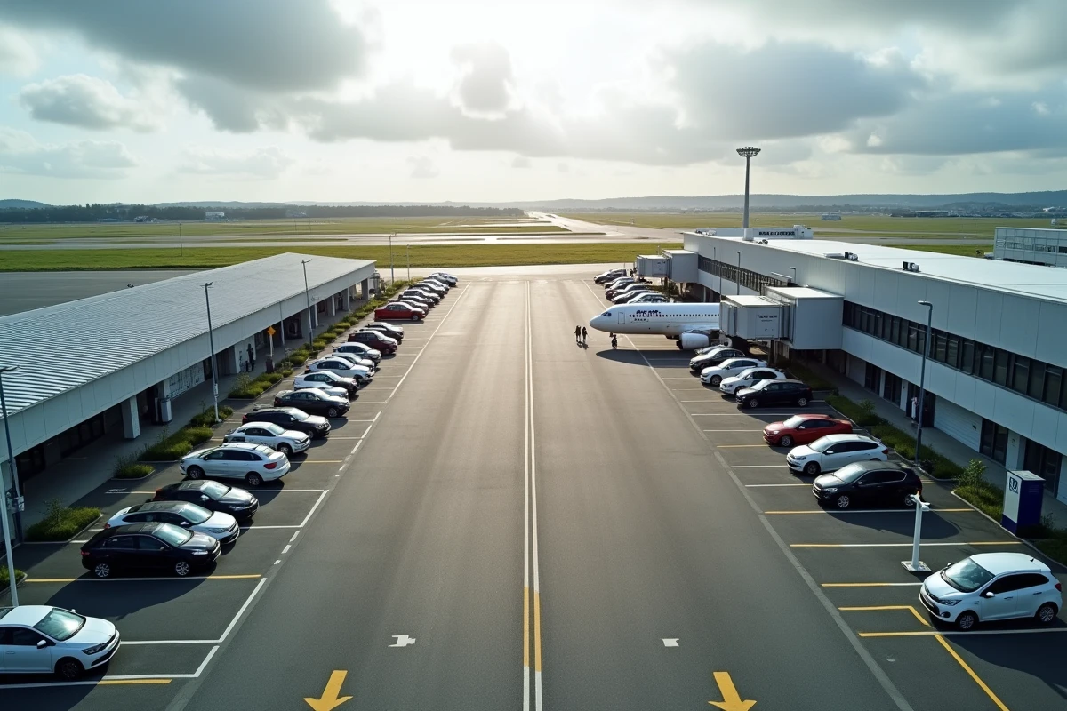 Vue aérienne du parking extérieur de l'aéroport Paris-Orly avec rangées de voitures et signalétique