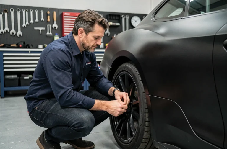 Passionné d'automobile examinant une voiture de sport noire dans un garage moderne en 2024