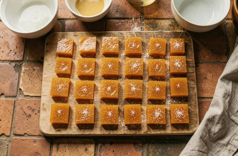 Carrés de pâte de coing maison posés sur une planche en bois, saupoudrés de sucre cristallisé, vue de dessus dans une cuisine rustique