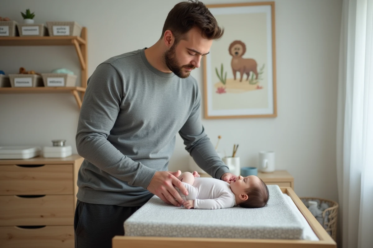Père changeant la couche de son nouveau-né sur une table à langer en bois avec accessoires de puériculture