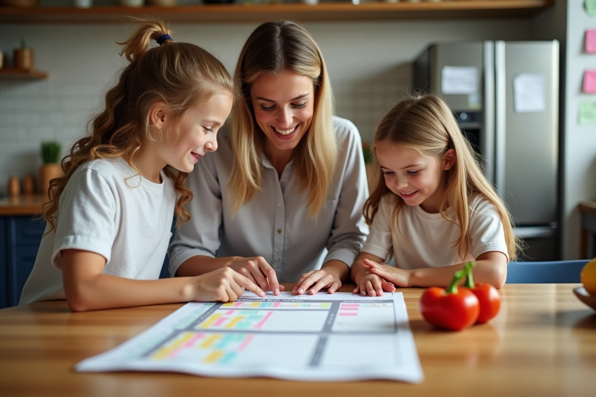 Une mère et ses deux enfants planifient les repas de la semaine autour d'un planning hebdomadaire papier étalé sur un plan de travail de cuisine.