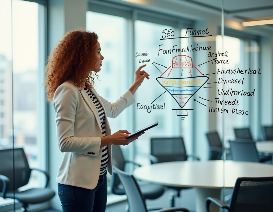Experte en référencement présentant une architecture de site web et une stratégie SEO sur un tableau blanc