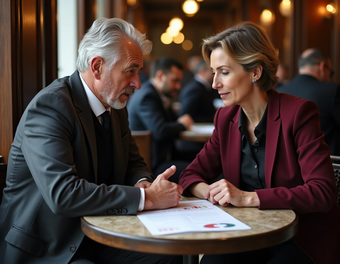 Deux professionnels discutant discrètement d'un rapport d'évaluation lié à l'indice de confiance Dirvox dans un café parisien