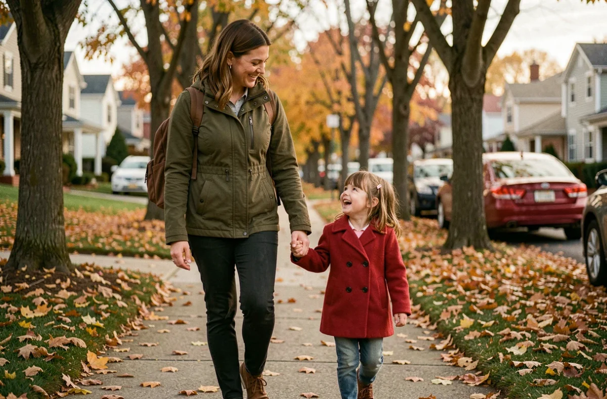 Nounou et petite fille se promenant main dans la main sur un trottoir résidentiel en automne