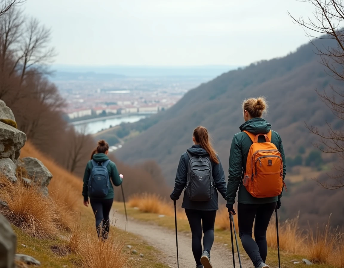 Groupe de femmes en randonnée sur les Monts d'Or avec vue panoramique sur Lyon