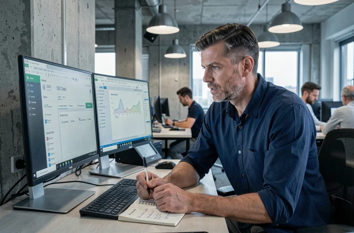 Rédacteur SEO analysant un tableau de bord d'optimisation avec un compteur de caractères sur double écran en open space
