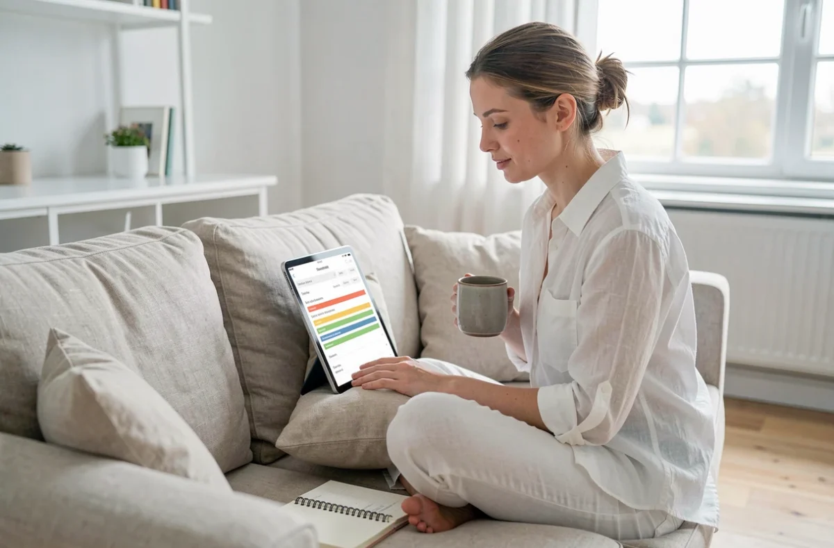 Jeune rédactrice utilisant un outil de comptage de caractères sur tablette dans un salon scandinave