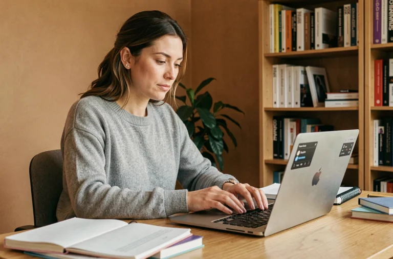 Rédactrice web utilisant un compteur de caractères sur son ordinateur portable dans un bureau à domicile