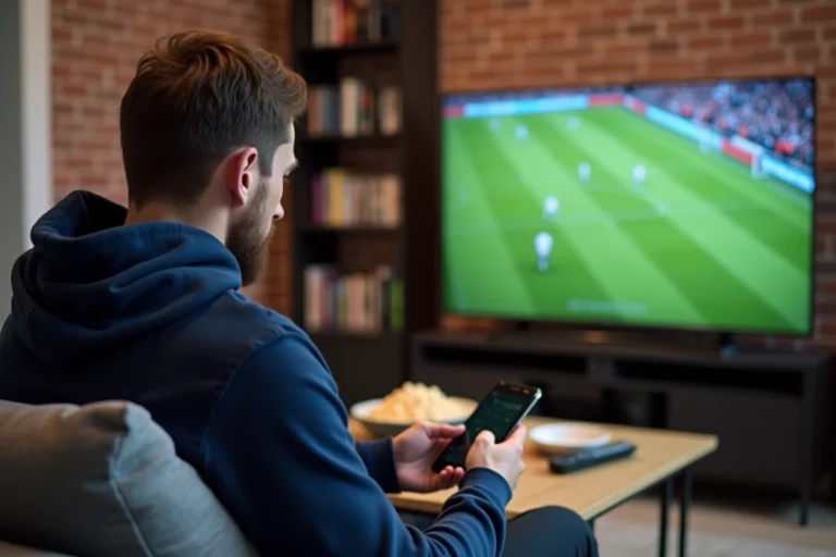 Homme regardant un match de football en streaming sur sa télévision depuis son canapé avec un smartphone à la main