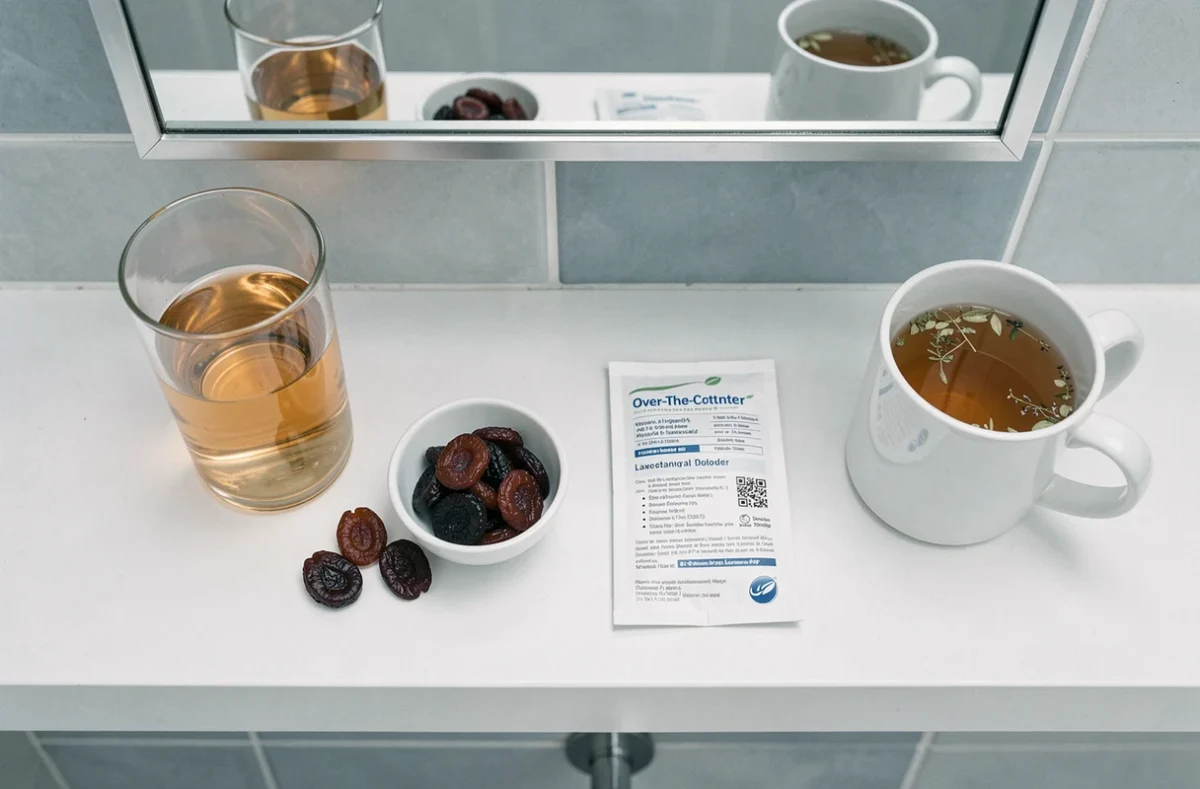 Vue de dessus d'une étagère de salle de bain avec des remèdes naturels et médicaux contre la constipation en alternative aux microlax