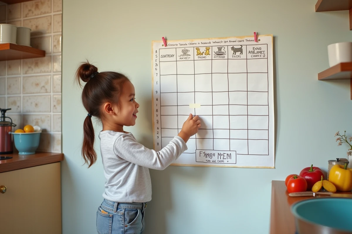 Un enfant place un autocollant sur un tableau de répartition des tâches ménagères affiché dans la cuisine, organisé par âge et illustré de pictogrammes.