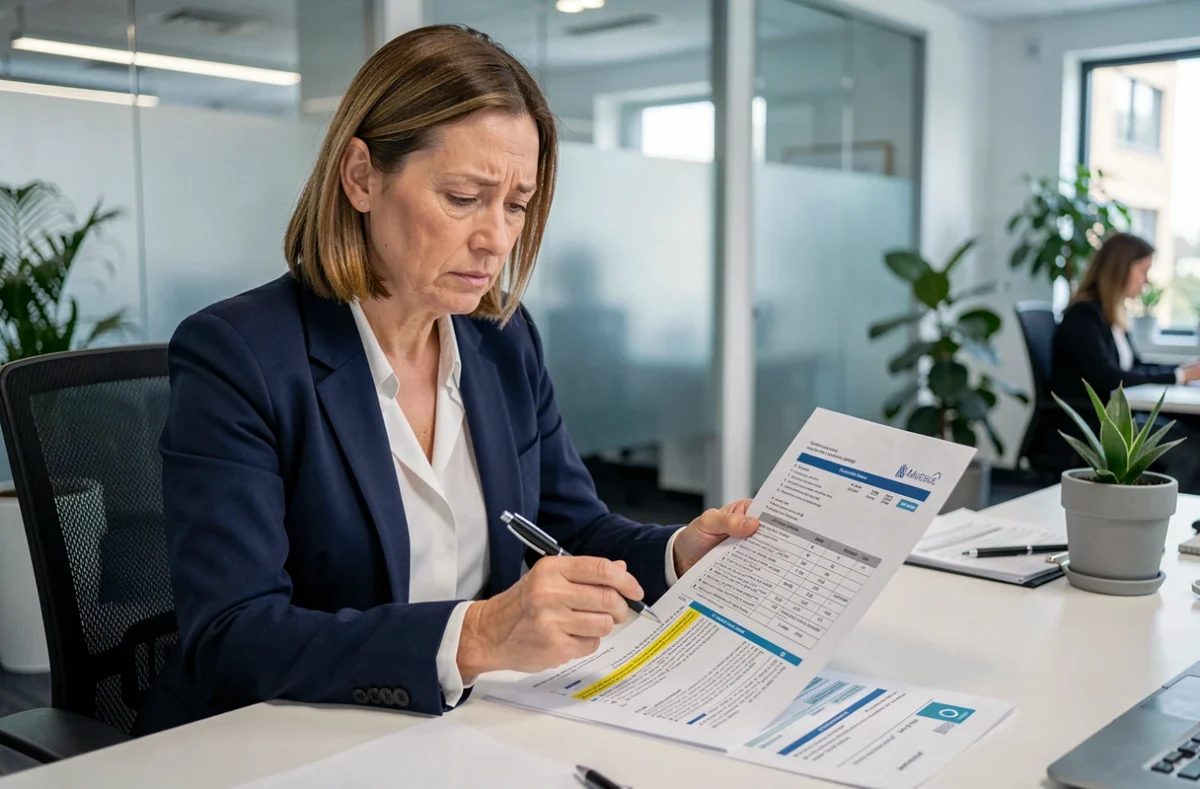Responsable RH analysant des documents de prévoyance maladie dans un bureau d'entreprise