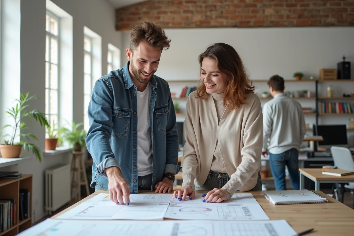 Homme et femme discutant dans un studio créatif à Angers