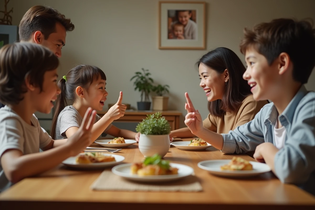 Une famille de quatre personnes réunie autour du dîner pratique un rituel de gratitude, un enfant comptant sur ses doigts les choses positives de sa journée.