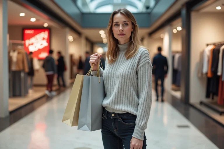 Femme faisant ses achats pendant les soldes en Allemagne dans un grand magasin moderne avec des affiches de réductions