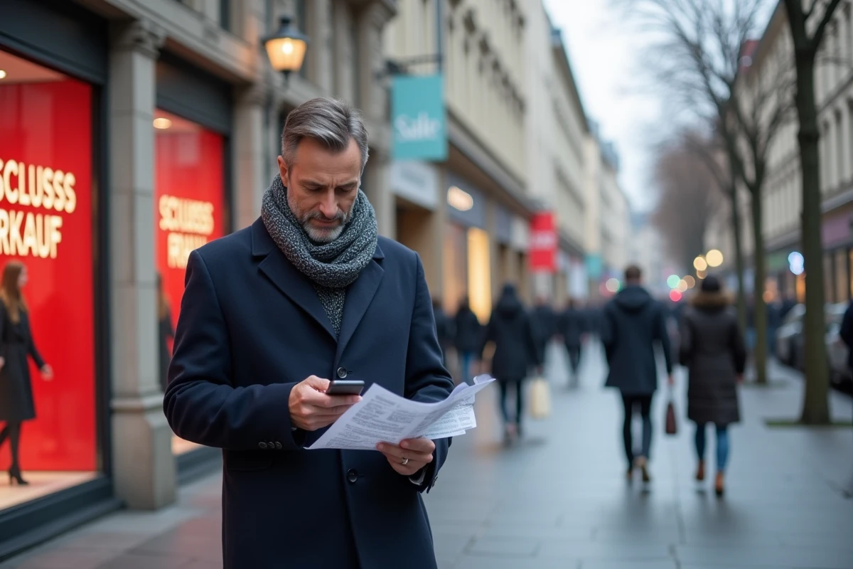Homme consultant son téléphone lors des soldes d'hiver dans une rue commerçante piétonne en Allemagne