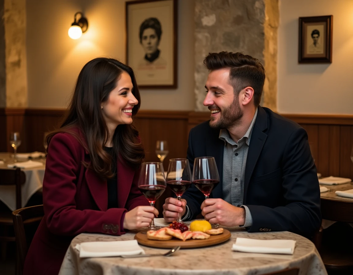 Couple savourant une soirée gastronomique dans un bouchon lyonnais typique