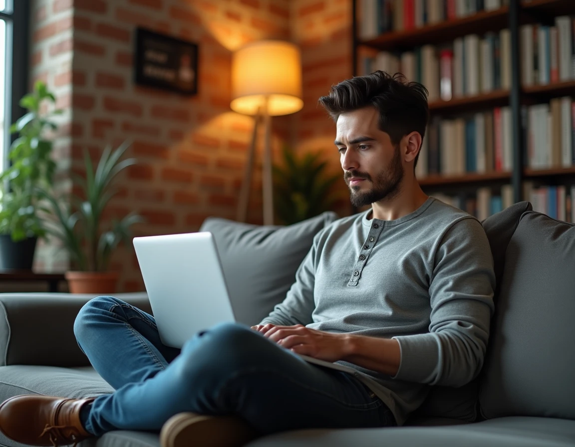 Consultant en SEO travaillant sur une stratégie de mots-clés depuis son bureau à domicile