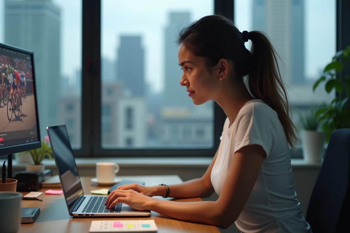 Femme regardant du sport en streaming gratuit sur un ordinateur portable à son bureau à domicile