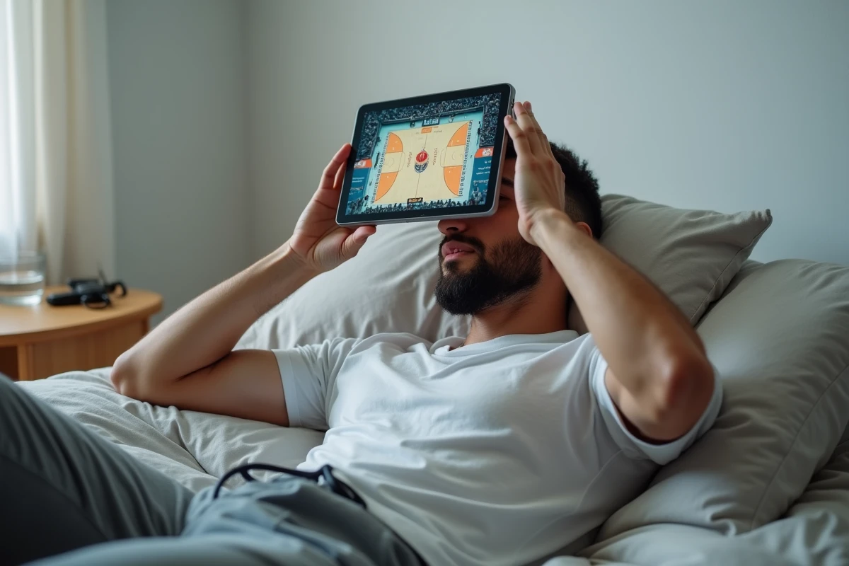 Jeune homme regardant un match de basket en streaming gratuit sur une tablette allongé sur son lit