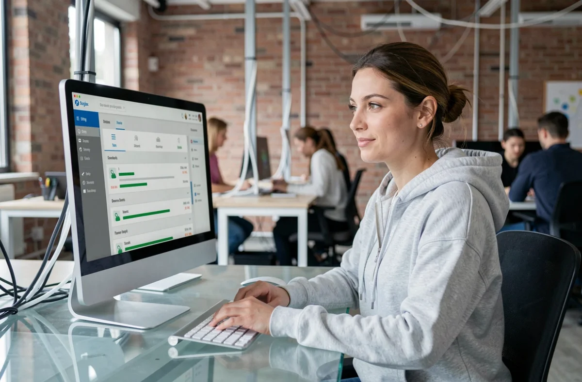 Femme téléchargeant des fichiers sécurisés via un compte premium sur un ordinateur de bureau en espace de coworking