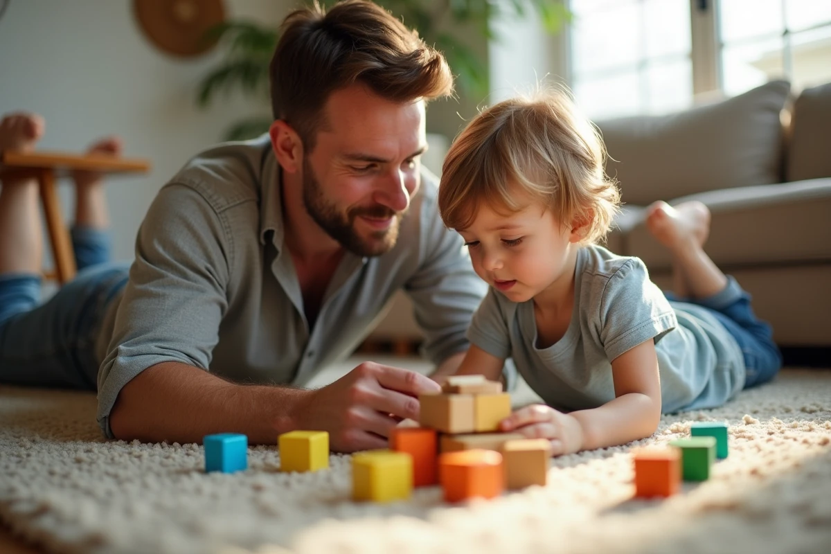 Un père et son jeune enfant construisent ensemble une tour en blocs de bois sur le tapis du salon, dans un moment de jeu libre sans objectif et sans écran.