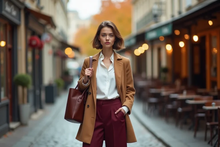Femme élégante en manteau camel et pantalon bordeaux dans une rue parisienne pavée en automne