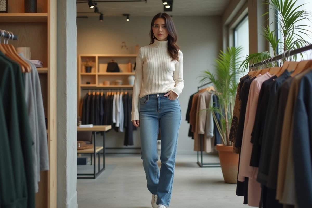 Jeune femme en pull col roulé crème et jean droit explorant une boutique de mode contemporaine