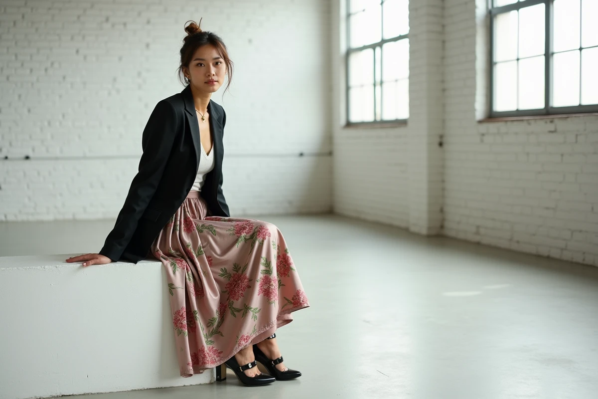 Femme en jupe satin florale et blazer noir assise dans un studio loft minimaliste au style éditorial