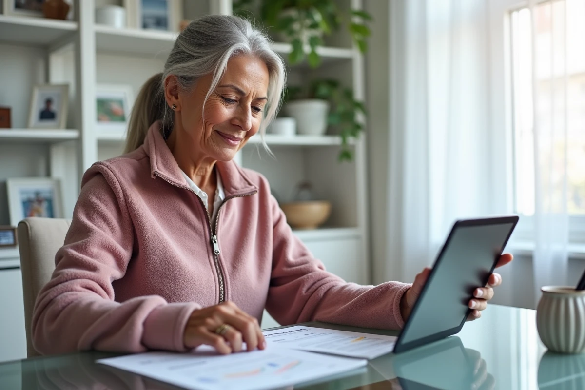 Femme âgée vérifiant une confirmation de commande Damart imprimée et son espace client sur tablette